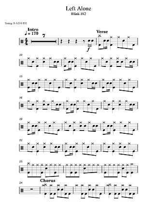 Left Alone - Blink 182 | Noter för Trummor | PDF-nedladdning