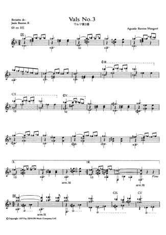 Agustin Barrios Vals No 3 score for Acoustic Guitar