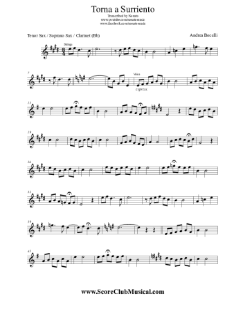 Andrea Bocelli Torna A Surriento score for Clarinet (Bb)