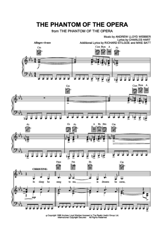 Andrew Lloyd Webber The Phantom Of The Opera score for Piano
