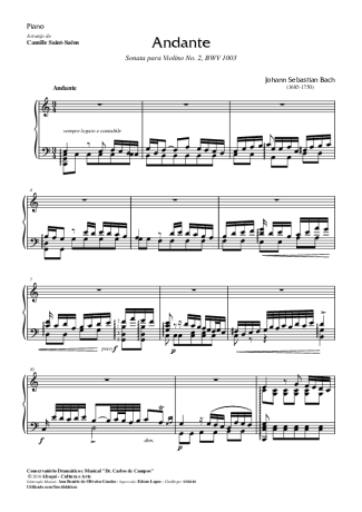 Bach Andante BWV1003 (Saint Saens) score for Piano