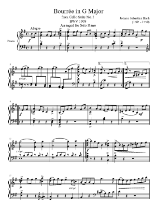 Bach Bourrée In G Major score for Piano