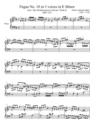 Bach Fugue No. 10 BWV 879 In E Minor score for Piano