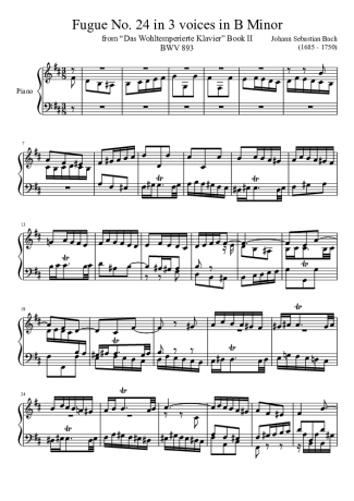 Bach Fugue No. 24 BWV 893 In B Minor score for Piano