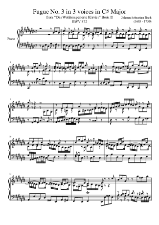 Bach Fugue No. 3 BWV 872 In C Major score for Piano