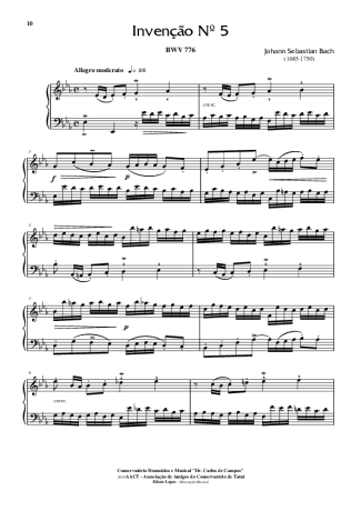 Bach Invenção Nr 5 score for Piano