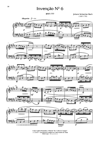 Bach Invenção Nr 6 score for Piano