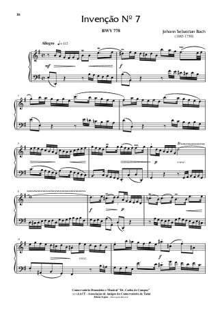 Bach Invenção Nr 7 score for Piano