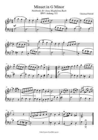 Bach Minuet In G Minor BWV 115 score for Piano