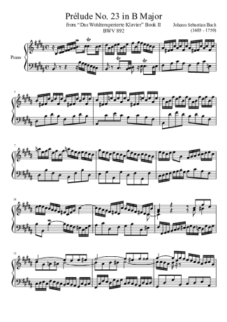 Bach Prelude No. 23 BWV 892 In B Major score for Piano