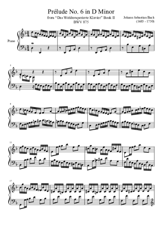 Bach Prelude No. 6 BWV 875 In D Minor score for Piano