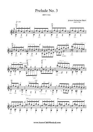 Bach Preludio Nr 3 BWV 926 score for Acoustic Guitar