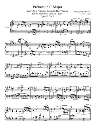 Beethoven Prelude Opus 39 No. 1 In C Major score for Piano