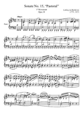 Beethoven Sonata No 15 Pastoral 1st Movement score for Piano