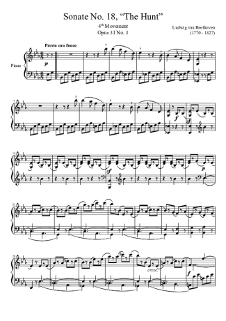 Beethoven Sonata No 18 The Hunt 4th Movement score for Piano