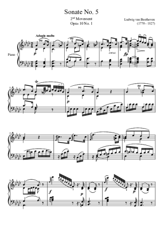 Beethoven Sonata No 5 2nd Movement score for Piano