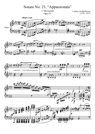 Beethoven Sonata No. 23 Appassionata 1st Movement score for Piano