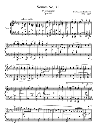 Beethoven Sonata No. 31 2nd Movement score for Piano