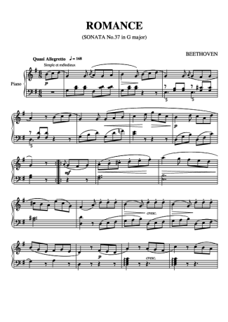 Beethoven Sonatina In G Major Romance   Allegretto No.37 score for Piano