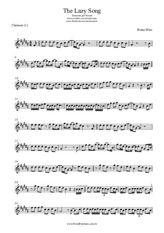 Bruno Mars The Lazy Song score for Clarinet (C)