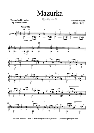 Chopin Mazurka Op 50 N 2 score for Acoustic Guitar