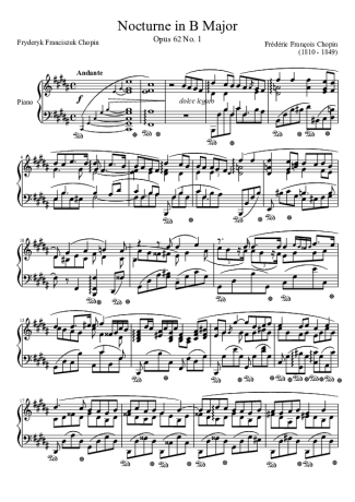 Chopin Nocturne Opus 62 No. 1 In B Major score for Piano
