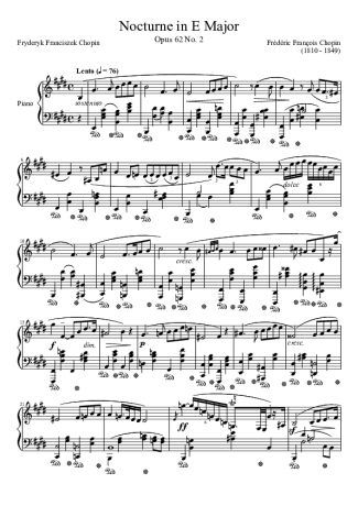 Chopin Nocturne Opus 62 No. 2 In E Major score for Piano