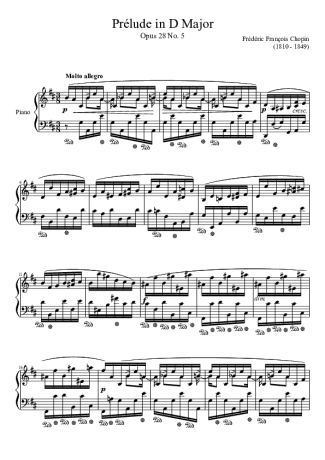 Chopin Prelude Opus 28 No. 05 In D Major score for Piano
