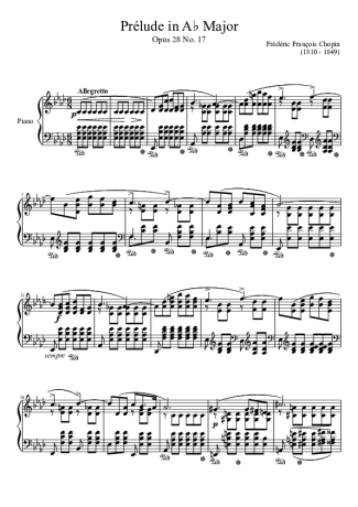 Chopin Prelude Opus 28 No. 17 In A Major score for Piano