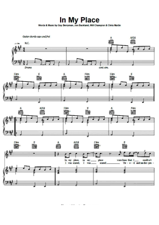 Coldplay In My Place score for Piano
