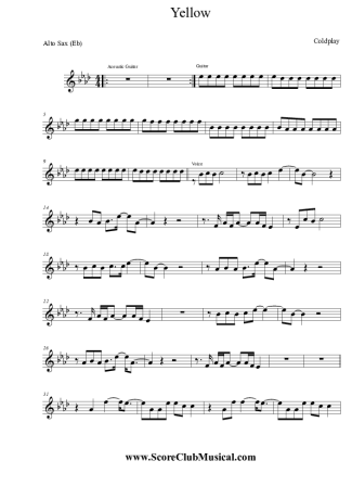 Coldplay Yellow score for Alto Saxophone