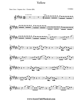 Coldplay Yellow score for Clarinet (Bb)