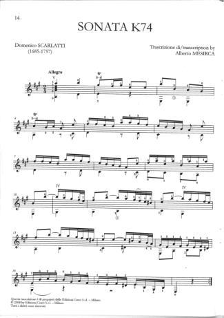 Domenico Scarlatti Sonata K74 score for Acoustic Guitar