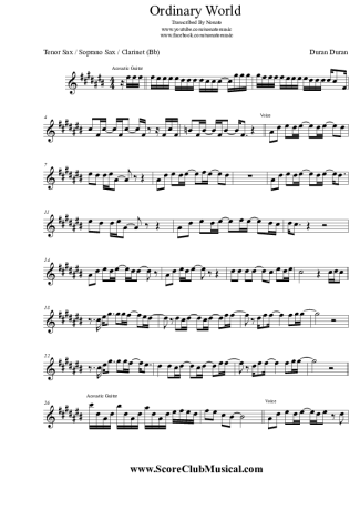 Duran Duran Ordinary World score for Tenor Saxophone Soprano (Bb)