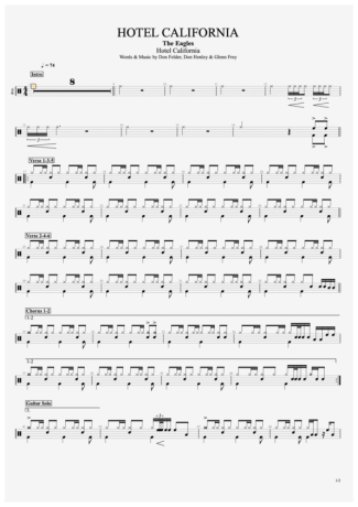 Eagles Hotel California score for Drums
