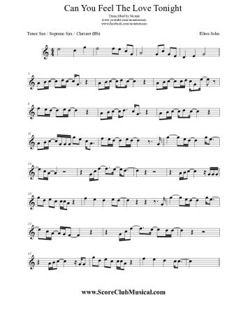 Elton John Can You Feel The Love Tonight score for Clarinet (Bb)