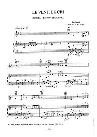 Ennio Morricone Le Vent Le Cri score for Piano