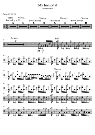 Evanescence My Immortal score for Drums