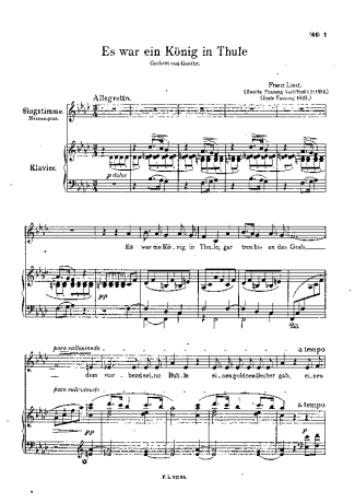 Franz Liszt Es War Ein König In Thule S.278 score for Piano