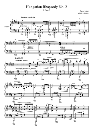 Franz Liszt Hungarian Rhapsody No 2 score for Piano