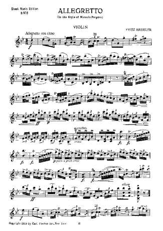 Fritz Kreisler Allegretto Porpora score for Violin