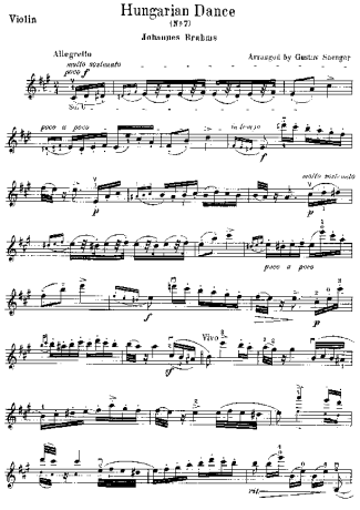 Johannes Brahms Hungarian Dance 7 score for Violin
