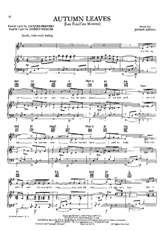 Joseph Kosma Autumn Leaves (Les Feuilles Mortes) score for Piano