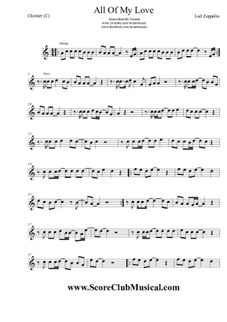 Led Zeppelin All My Love score for Clarinet (C)