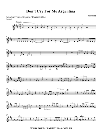 Madonna Don´t Cry For Me Argentina score for Clarinet (Bb)