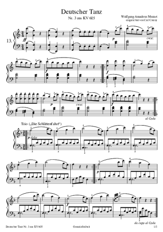 Mozart German Dance Nr 3 score for Piano