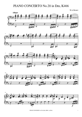 Mozart Piano Concerto No 20 in Dm score for Piano