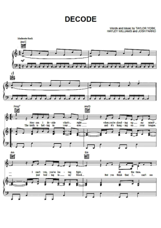 Paramore Decode score for Piano