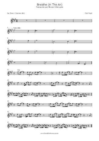 Pink Floyd Breathe (In The Air) score for Tenor Saxophone Soprano (Bb)