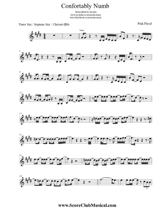 Pink Floyd Comfortably Numb score for Tenor Saxophone Soprano (Bb)